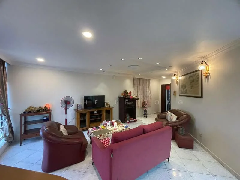 Living features: 2-seater red fabric sofa, 3-seater brown leather sofa, coffee table, TV console with TV, wall-mounted fan, recessed downlights, decorative wall sconce, ceramic tile flooring, curtains on windows, framed artwork on wall, area rug, built-in shelving unit; style: contemporary.