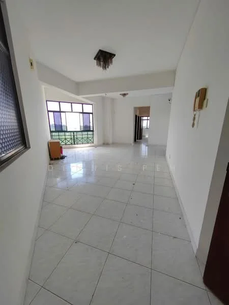 Room features: white painted walls, glossy white tile flooring, ceiling light fixture, large windows, open layout, view of balcony, neutral color scheme, spacious area; style: modern; view: garden.
