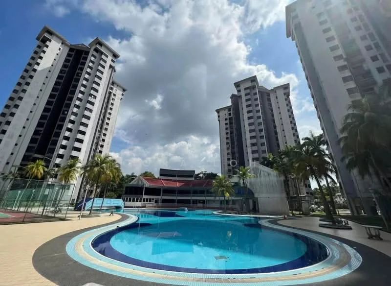 Exterior type: high-rise condominium; features: infinity pool, surrounded by palm trees, pool deck with loungers, tennis court, children's playground, landscaped garden, two high-rise buildings, manicured lawn, outdoor dining area, water feature, open-air recreational space; style: modern.