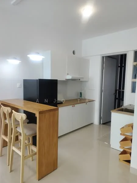 Kitchen features: white cabinetry, wooden breakfast bar, stainless-steel fridge, built-in oven, sink with faucet, ceramic tile flooring, recessed downlights, open shelving, countertop with storage, neutral wall colour; style: modern.