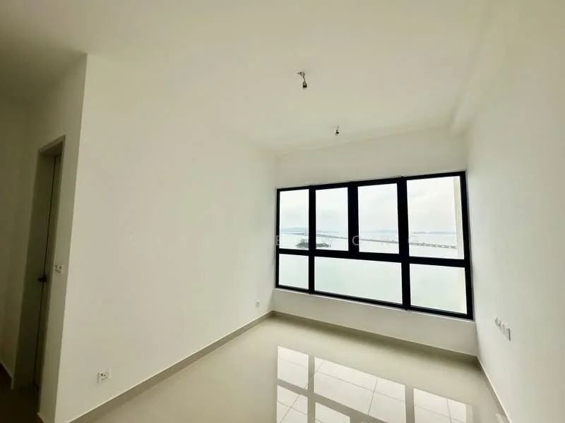 Room features: white painted walls, polished tile flooring, floor-to-ceiling windows, sea view, recessed downlights, single pendant light; style: modern; view: sea.