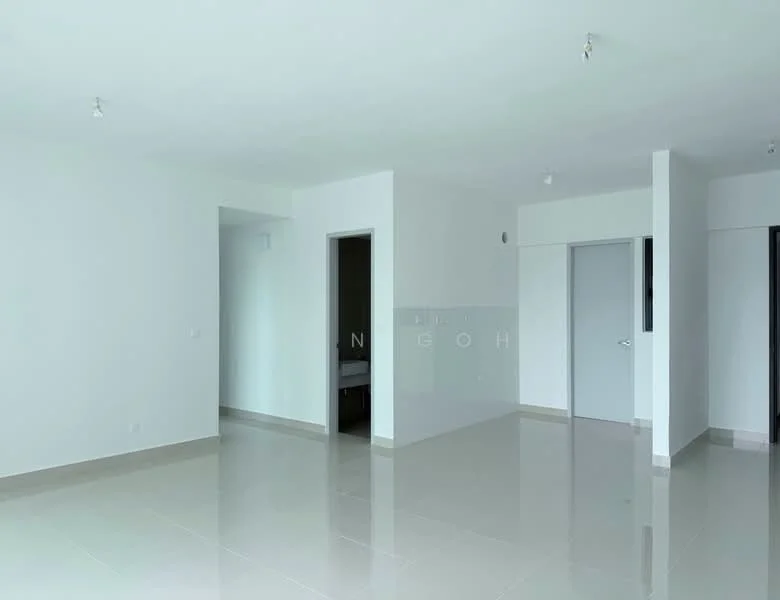 Room features: white painted walls, polished ceramic tile flooring, recessed downlights, doorway to adjacent room, doorway to bathroom, neutral color scheme, open layout, large windows, minimalist design; style: modern.