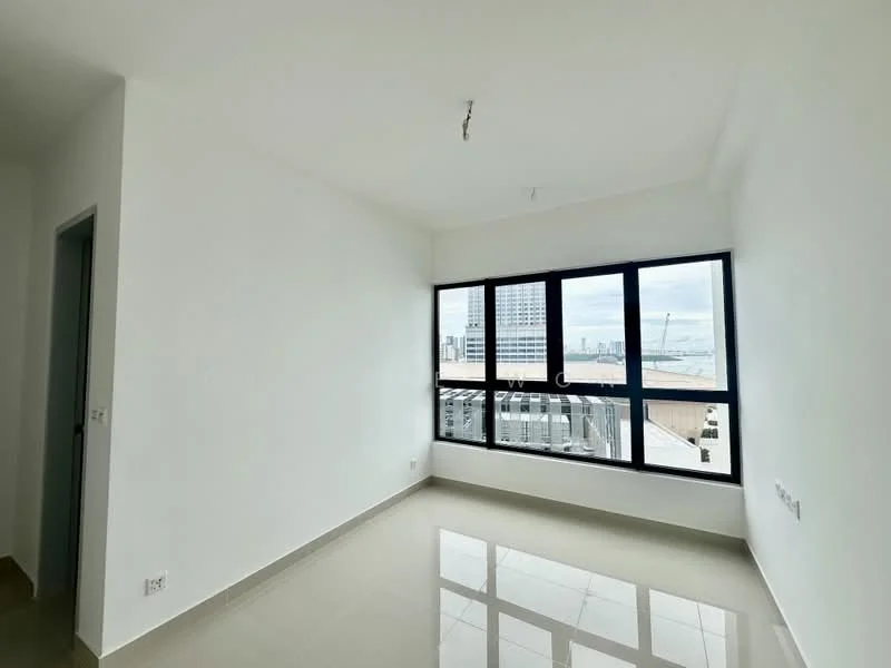 Room features: white painted walls, glossy tile flooring, floor-to-ceiling windows, city view, single light fixture on ceiling; style: modern; view: city.