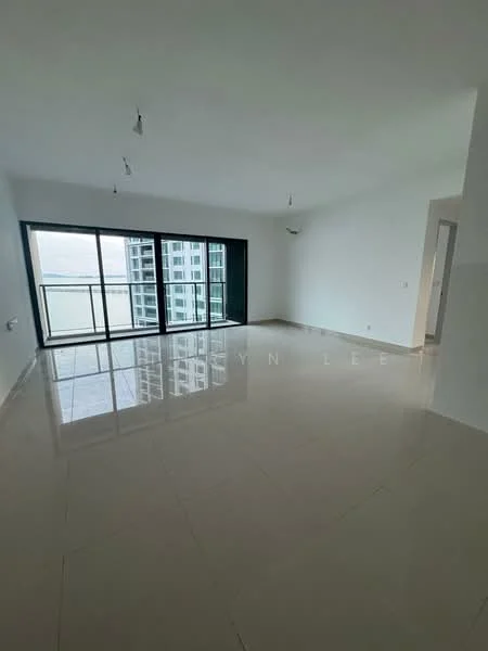 Living features: white painted walls, glossy ceramic tile flooring, floor-to-ceiling windows, sliding glass door, recessed downlights, neutral color scheme, open layout, city view; style: modern; view: city.