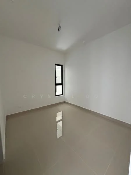 Room features: white painted walls, glossy ceramic tile flooring, single window, ceiling light fixture, neutral color scheme; style: modern.