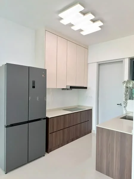 Kitchen features: grey stainless-steel fridge, white upper cabinets, brown lower cabinets, white countertop, built-in sink, modern ceiling light fixture, smooth tiled flooring, minimalist design; style: modern.