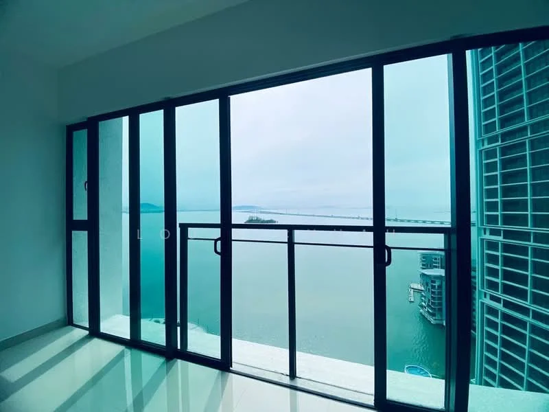 Room features: floor-to-ceiling windows, sliding glass door, sea view, grey tiled flooring, white painted walls, balcony railing; style: modern; view: sea.