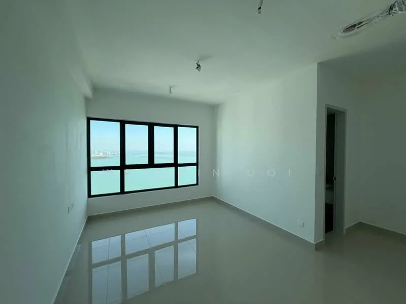 Room features: white painted walls, glossy ceramic tile flooring, floor-to-ceiling windows, city view, recessed ceiling lights, neutral color scheme, open layout, no visible furniture; style: modern; view: city.