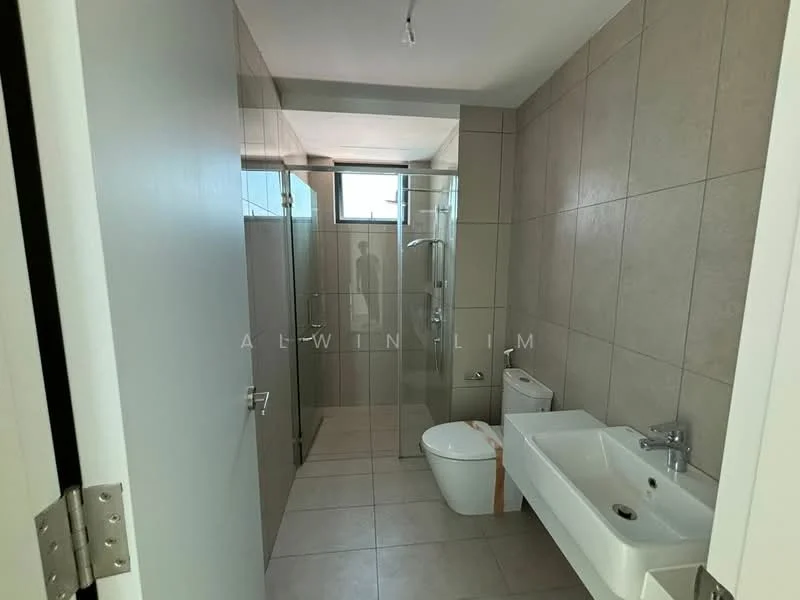 Bathroom features: grey tiled walls, light grey tiled flooring, walk-in shower with glass enclosure, rain shower head, handheld shower, single-sink vanity with white cabinet, chrome basin mixer faucet, one-piece toilet, large window for natural light, mirror above sink; style: modern.