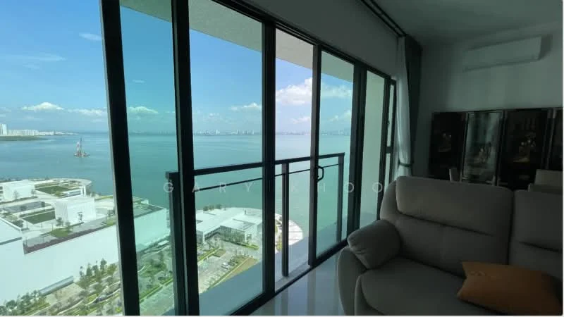 Living features: floor-to-ceiling windows, grey fabric sofa, ocean view, white walls, marble flooring, air conditioning unit, decorative cushion, glass coffee table; style: modern; view: sea.