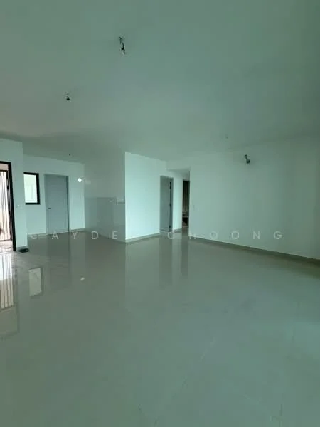 Room features: white painted walls, glossy tile flooring, recessed downlights, large windows, open layout, neutral color scheme, doorway leading to another room, no visible furniture or decor; style: modern.