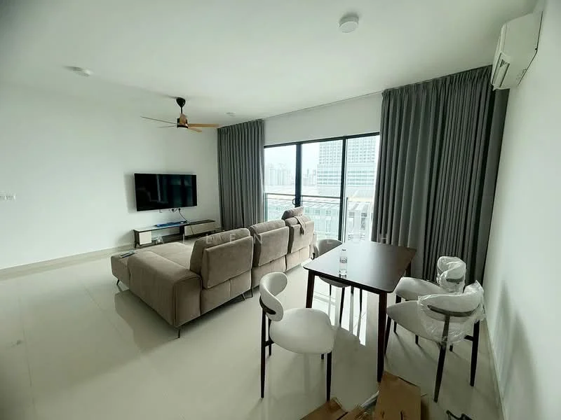 Living features: 3-seater fabric sofa in beige, coffee table, wall-mounted TV, TV console, floor-to-ceiling windows, sheer curtains, ceiling fan, light-colored wall, light-colored flooring, dining table for 4, 4 upholstered dining chairs; style: modern; view: city.