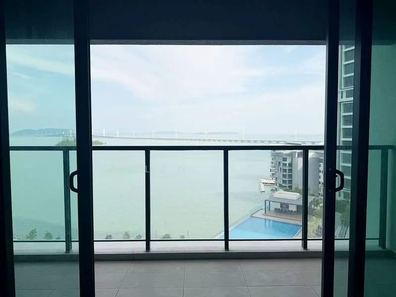 Room features: floor-to-ceiling sliding glass doors, balcony with glass railing, ocean view, pool view, grey tiled flooring, contemporary design, natural light, open space; style: modern; view: sea.
