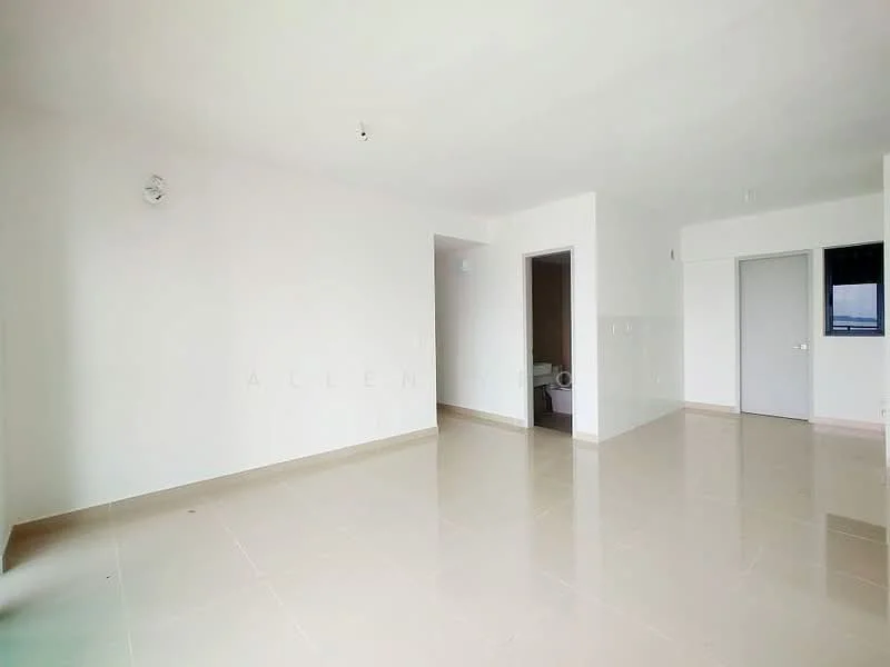 Room features: white painted walls, cream tiled flooring, recessed ceiling lights, single door, window, open layout; style: modern.