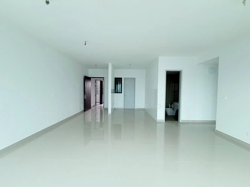 Room features: white painted walls, glossy ceramic tile flooring, recessed downlights, multiple doorways, large open space, no visible furniture, neutral color scheme, high ceiling; style: modern.