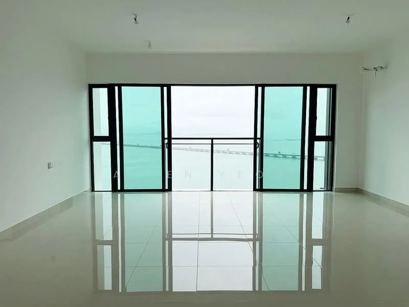 Living features: floor-to-ceiling windows, sliding glass door, white painted walls, polished ceramic tile flooring, recessed downlights, open layout, sea view, balcony access; style: modern; view: sea.