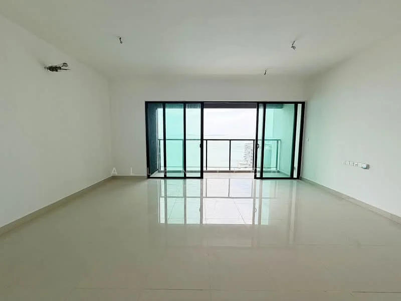 Living features: white painted walls, glossy tile flooring, floor-to-ceiling windows, sliding glass door, balcony access, recessed downlights, neutral color scheme, open layout; style: modern; view: sea.