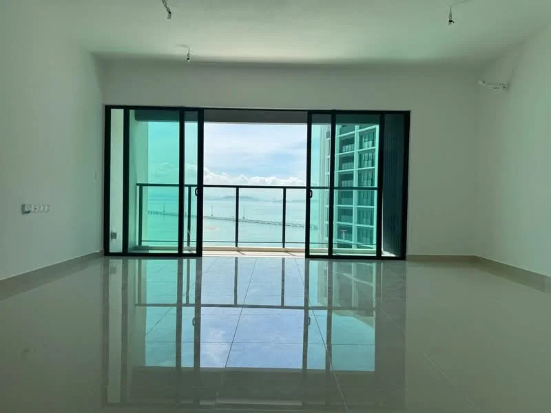 Room features: large floor-to-ceiling windows, sliding glass door, white painted walls, glossy tile flooring, open layout, balcony access, natural light, sea view; style: modern; view: sea.