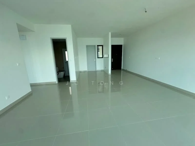 Room features: white painted walls, glossy ceramic tile flooring, recessed downlights, large windows, open layout, neutral color scheme, no visible furniture, smooth ceiling; style: modern.