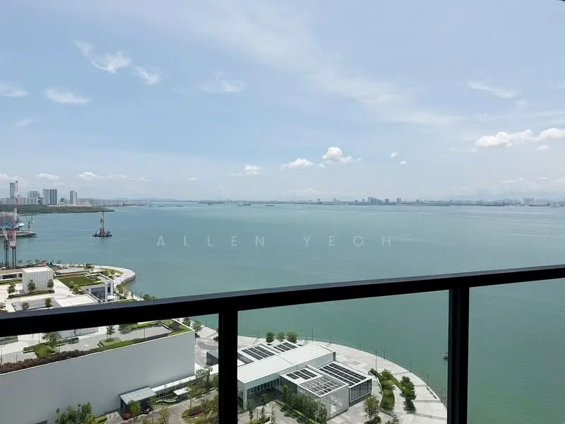Exterior features: waterfront view, city skyline in background, clear blue sky, green landscaping, modern architecture, balcony railing; style: modern.