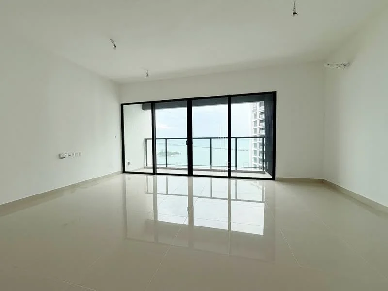 Living features: white painted walls, glossy ceramic tile flooring, floor-to-ceiling windows, sliding glass door, balcony access, sea view, recessed downlights, 2 ceiling hooks for lighting; style: modern; view: sea.