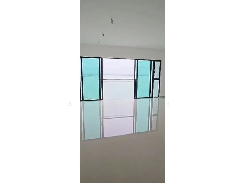 Room features: floor-to-ceiling windows, white walls, polished concrete flooring, sea view, natural light, minimalist design; style: modern; view: sea.