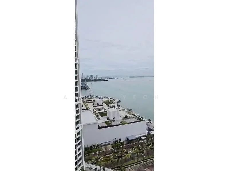 Exterior type: high-rise condominium; features: glass curtain wall, recessed balconies, landscaped garden, waterfront view, manicured lawn, surrounding greenery; style: modern.
