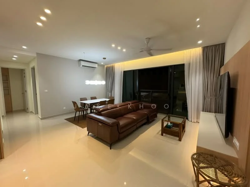 Living features: 3-seater leather sofa in brown, coffee table, wall-mounted TV, entertainment unit, area rug, 5-blade ceiling fan with light, recessed LED downlights, floor-to-ceiling windows, sheer curtains, white painted walls, polished tile flooring; style: modern. Dining features: 6-seater dining table, upholstered dining chairs, pendant lamp, white walls, polished tile flooring; style: modern.