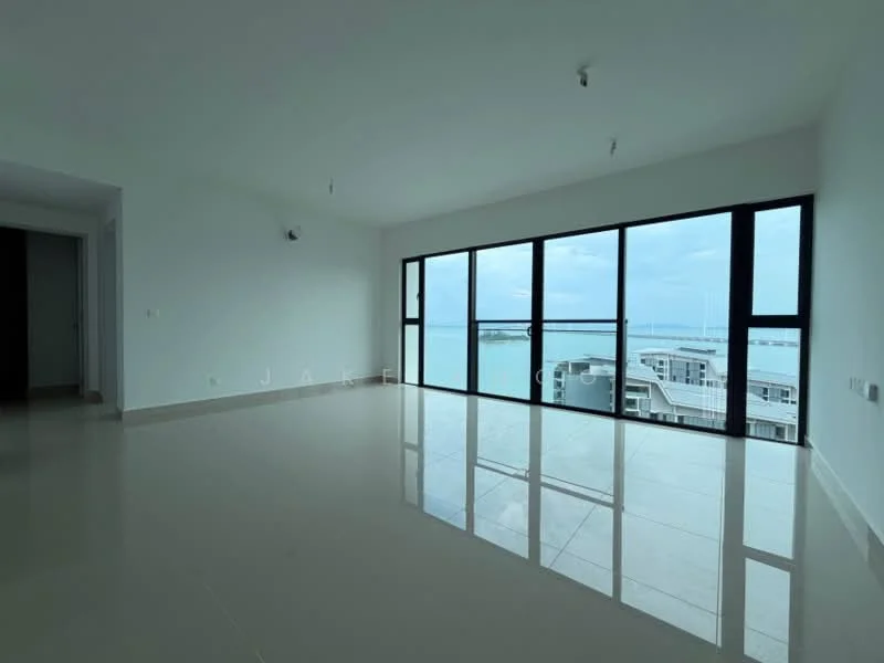 Living features: large floor-to-ceiling windows, white painted walls, polished tile flooring, recessed downlights, open layout, sea view, neutral color palette, no visible furniture; style: modern; view: sea.