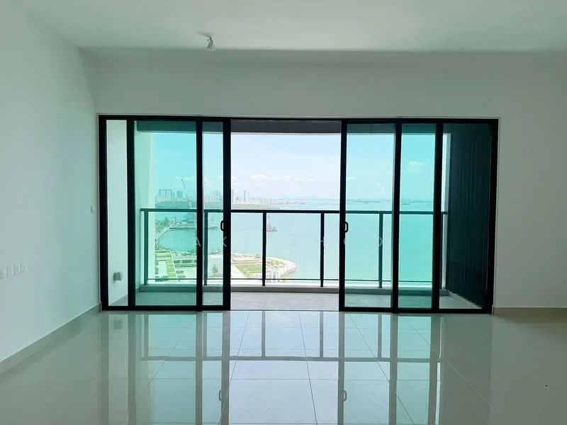 Living features: floor-to-ceiling windows, sliding glass door, white painted walls, glossy tile flooring, ocean view, black metal frame, open layout, natural light; style: modern; view: sea.