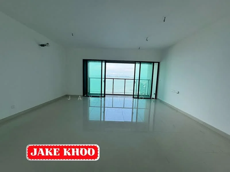 Living features: white painted walls, glossy tile flooring, floor-to-ceiling windows, sliding glass door, recessed downlights, open layout, sea view, no visible furniture; style: modern; view: sea.
