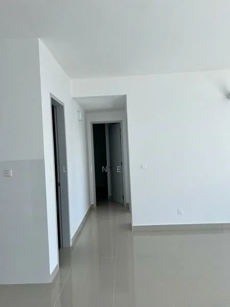 Room features: white painted walls, grey accent wall, glossy tile flooring, doorway leading to hallway, doorway leading to another room, ceiling fan, recessed lighting; style: modern.