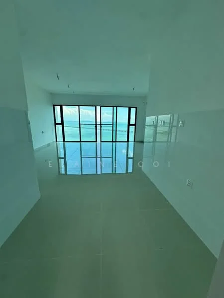 Room features: white painted walls, glossy tile flooring, floor-to-ceiling windows, ocean view, minimalist design, recessed lighting, open layout, neutral color palette; style: modern; view: sea.