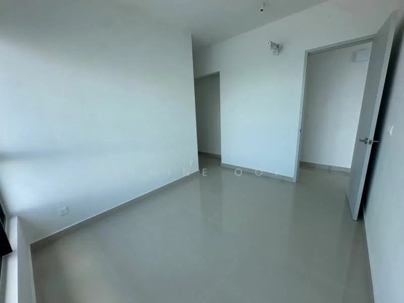 Room features: white painted walls, grey tiled flooring, single light fixture on ceiling, door to adjacent room, window with no visible treatment; style: modern.