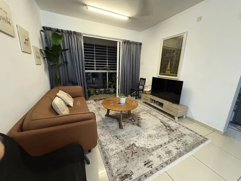 Living features: brown fabric sofa, round wooden coffee table, area rug with intricate pattern, floor-to-ceiling window, grey curtains, wall-mounted TV, wooden TV console, decorative wall art, indoor plant; style: modern; view: city.