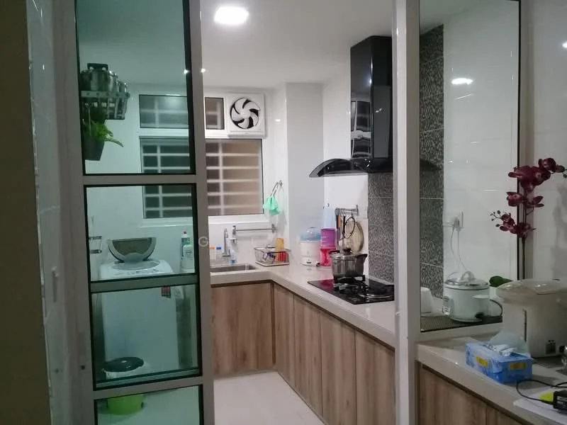 Kitchen features: L-shaped kitchen layout, light wood cabinetry, white countertop, stainless-steel sink, chrome pull-down faucet, built-in gas hob, exhaust hood, white tiled backsplash, washing machine, refrigerator, window with ventilation fan, LED ceiling lights, decorative plant, countertop appliances; style: modern.