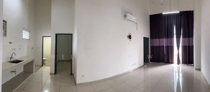 Room features: white painted walls, grey tiled flooring, 1 wall-mounted split AC, large floor-to-ceiling windows with sheer curtains, dark purple curtains, kitchenette with single-bowl stainless-steel sink, chrome faucet, white cabinetry, door leading to bathroom, door leading to another room; style: modern.