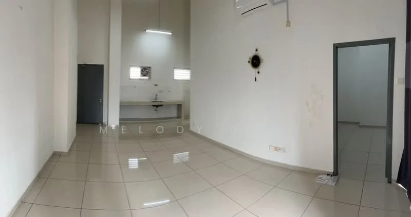 Room features: white painted walls, glossy ceramic tile flooring, high ceiling, wall-mounted air conditioning unit, single-bowl stainless-steel sink, countertop, two small windows, doorway leading to another room, neutral color scheme, no visible furniture; style: modern.
