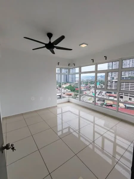 Room features: white painted walls, glossy ceramic tile flooring, 5-blade ceiling fan, floor-to-ceiling windows, city view, natural light from multiple windows, recessed ceiling lights; style: modern; view: city.