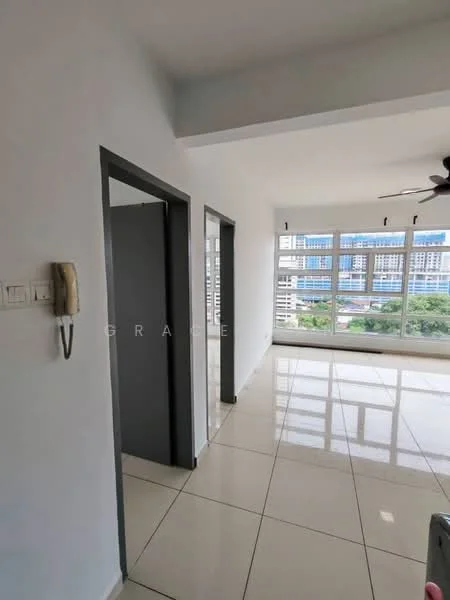 Room features: white painted walls, glossy tile flooring, floor-to-ceiling windows, city view, ceiling fan, door frames with grey finish, light switches, intercom system; style: modern; view: city.