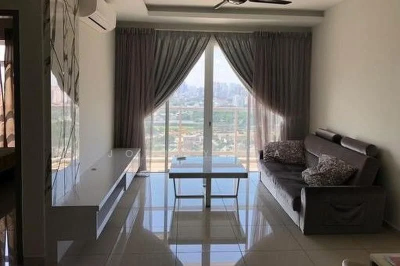 Living features: floor-to-ceiling windows, grey fabric sofa, glass coffee table, white TV console, sheer curtains, dark curtains, recessed downlights, 5-blade ceiling fan, polished tile flooring, city view; style: modern; view: city.