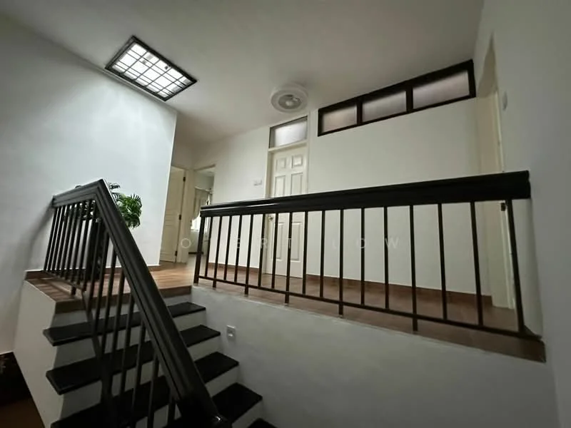 Room features: wooden staircase, black metal railing, white painted walls, recessed ceiling lights, laminate flooring, doorway leading to another room, window with frosted glass, ceiling fan; style: modern.
