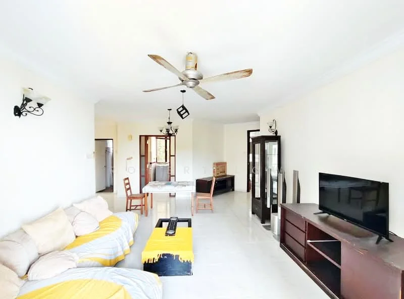 Living features: 3-seater fabric sofa in beige, 2-seater fabric sofa in yellow and white, coffee table, TV console, wall-mounted TV, ceiling fan with light, wall sconces, white painted walls, tile flooring, decorative mirror, area rug, open layout; style: modern.