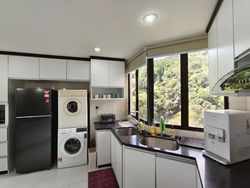 Kitchen features: white cabinetry, black countertop, stainless-steel fridge, front-load washing machine, single-bowl stainless-steel sink, chrome pull-down faucet, built-in microwave, large windows with mountain view, tile flooring, under-cabinet lighting, kitchen appliances, window treatments; style: modern; view: mountain.