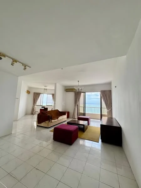 Living features: white painted walls, glossy tile flooring, floor-to-ceiling windows, sheer curtains, chandelier, 3-seater brown sofa, 2 red ottomans, wooden TV console, area rug, air conditioning unit; style: modern; view: sea.