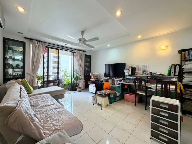 Living features: white painted walls, tray ceiling, recessed downlights, 5-blade ceiling fan, floor-to-ceiling windows, sliding glass door, cream sofa, coffee table, TV console, wall-mounted TV, dining table with chairs, open shelving unit, decorative plants, tile flooring; style: modern; view: city.