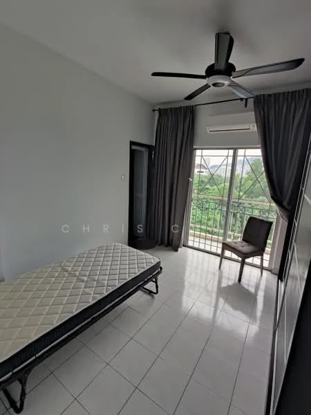 Bedroom features: white painted walls, tile flooring, 5-blade ceiling fan with light, floor-to-ceiling windows, grey curtains, balcony door, single bed frame, chair, built-in wardrobe; style: modern; view: garden.