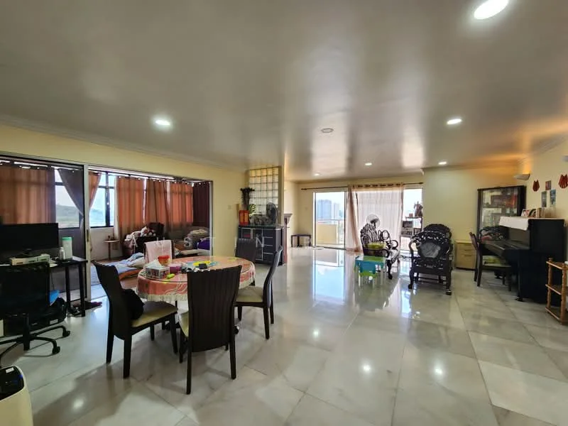 Living features: marble tile flooring, cream painted walls, recessed downlights, floor-to-ceiling windows, sheer curtains, dining table with chairs, sofa set, piano, decorative wall art, open layout, balcony access, area rug; style: contemporary; view: city.