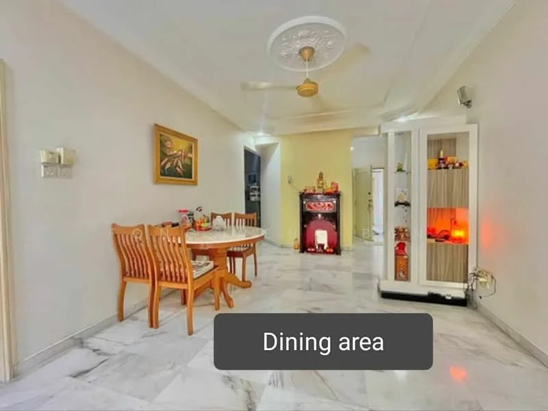 Dining features: round dining table, 4 wooden dining chairs, marble flooring, ceiling fan with light, decorative ceiling rose, wall-mounted display cabinet, framed artwork on wall, ambient lighting in cabinet; style: modern. Room features: white painted walls, doorway leading to hallway, light-colored trim.