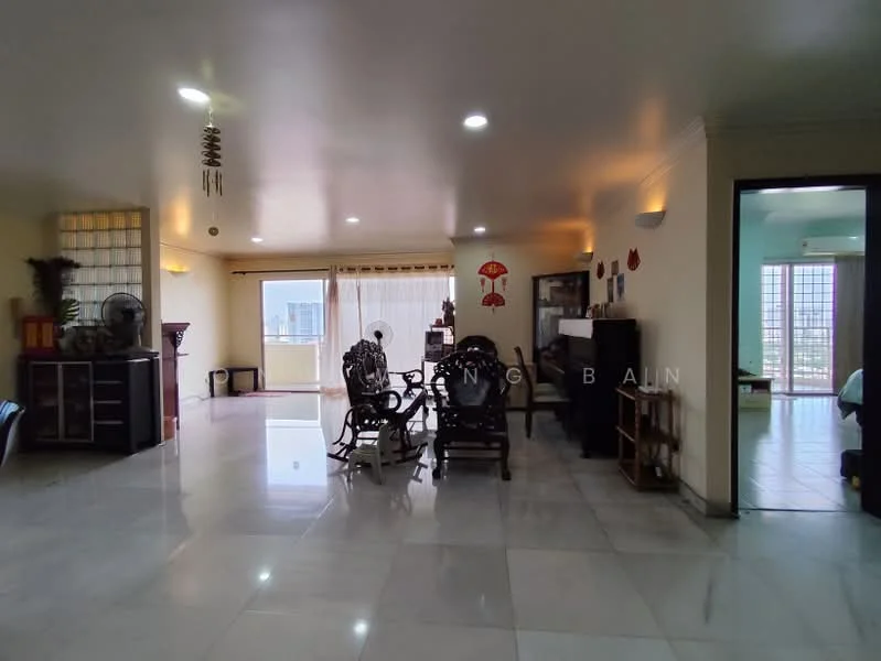 Living features: marble tile flooring, white painted walls, recessed downlights, floor-to-ceiling windows, sheer curtains, wooden furniture, decorative wall art, open layout, ceiling fan; style: modern; view: city. Room features: white painted walls, marble tile flooring, recessed downlights.